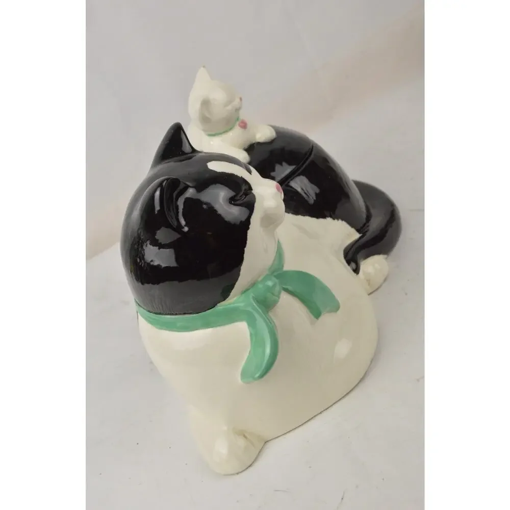 Vintage Tuxedo Cat Cookie Jar Mama Kitty w/ Baby Kitten Lid